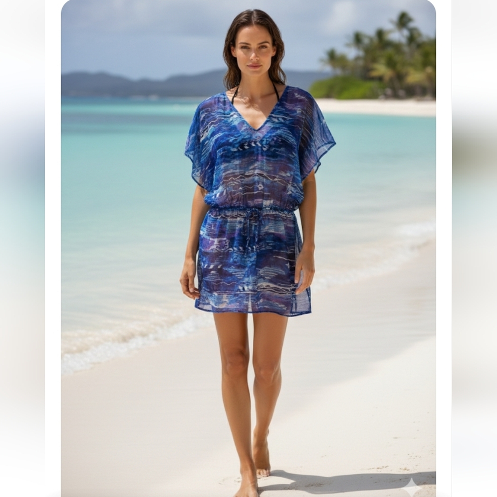 LAUREN RALPH LAUREN Calypso Ikat Blue Print Semi Sheer Swim CoverUp Mini Dress M - Picture 7 of 9